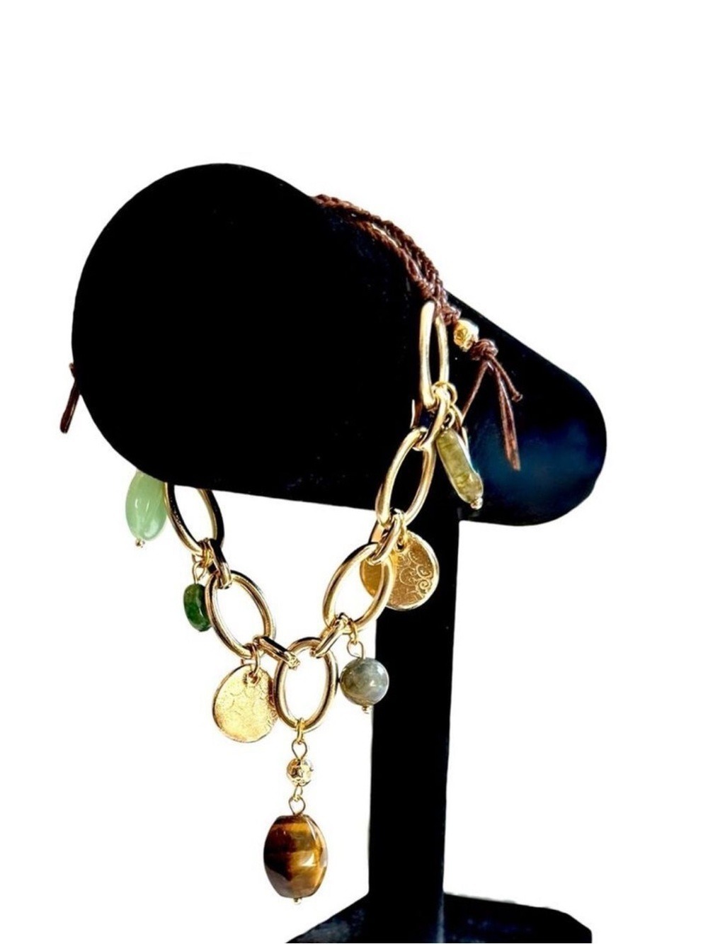 J Jill Jade Tigers Eye Gold Charm Slider Bracelet New